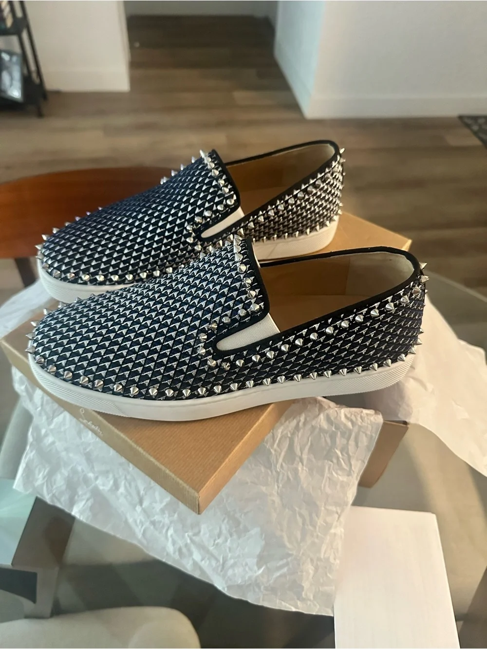 Christian Louboutin Navy Pyramid-Stud Slip-On Sneakers